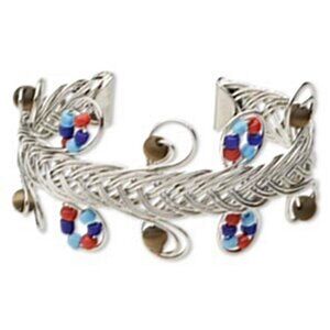 Handcrafted Silver Tone Multi Color Glass Beads Wire Weave Cuff Bracelet